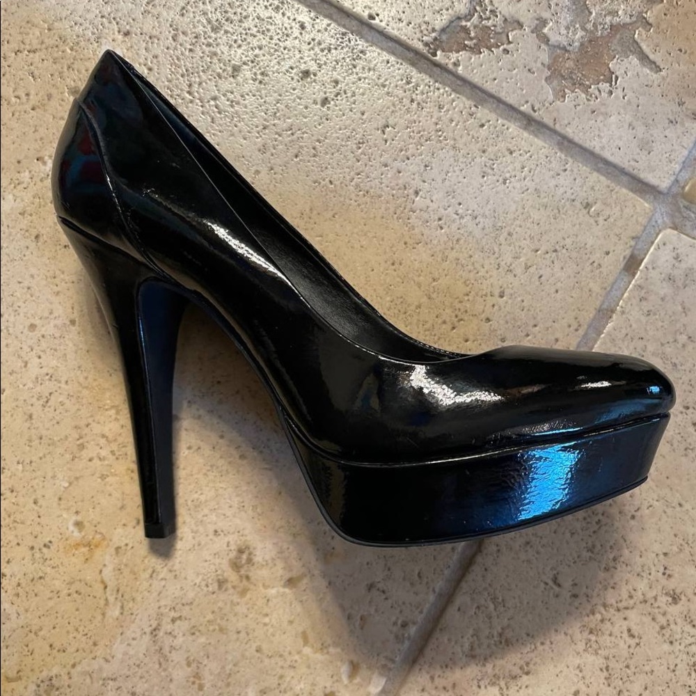 Black patent leather platform heels